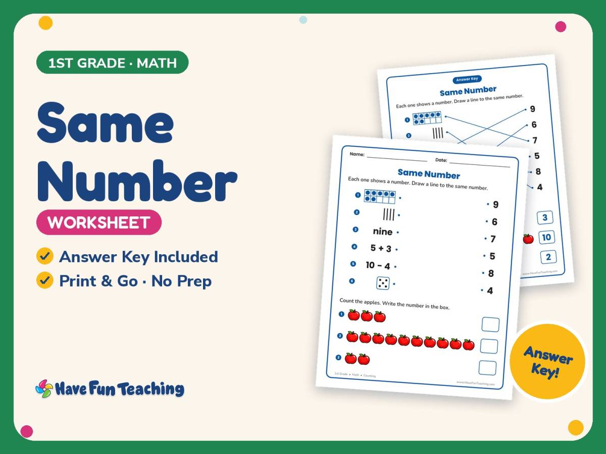 Same Number Worksheet – 1st Grade Counting Practice + Answer Key preview