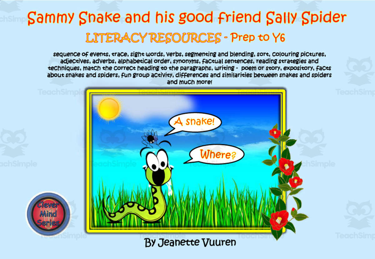 An educational teaching resource from Clever Mind Series entitled Sammy Snake and His Good Friend Sally Spider | Literacy Resource Bundle downloadable at Teach Simple.