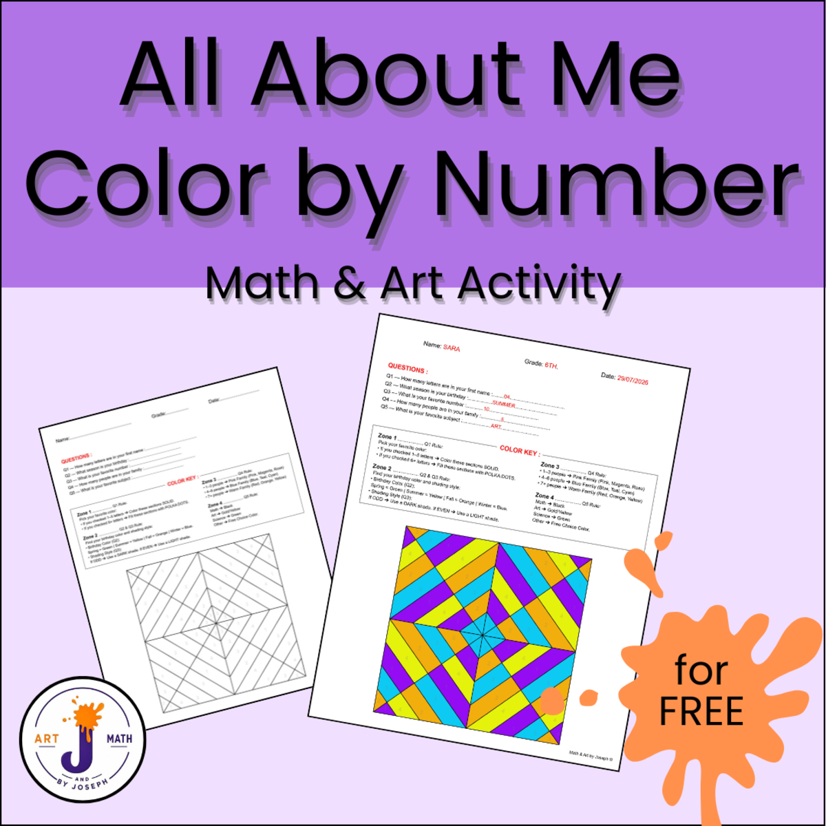 An educational teaching resource from Math & Art by Joseph entitled Sample All About Me Color by Number Code Op Art | Back to School downloadable at Teach Simple.