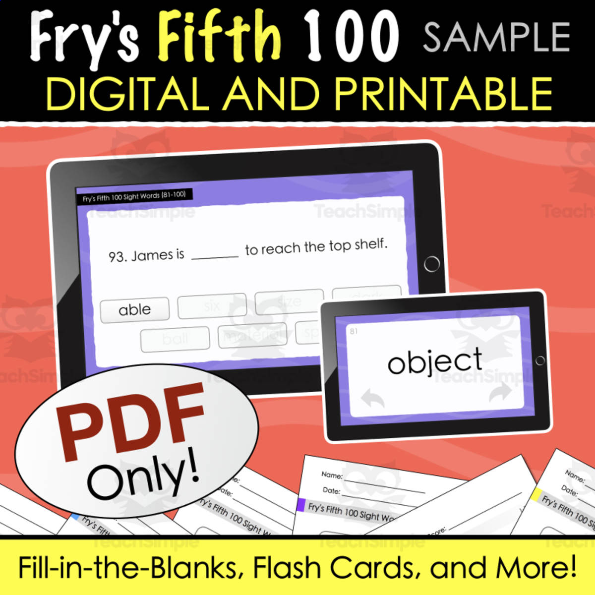 An educational teaching resource from Tom's Talk entitled SAMPLE Fry's Fifth 100 Sight Words - Digital and Printable Quiz downloadable at Teach Simple.