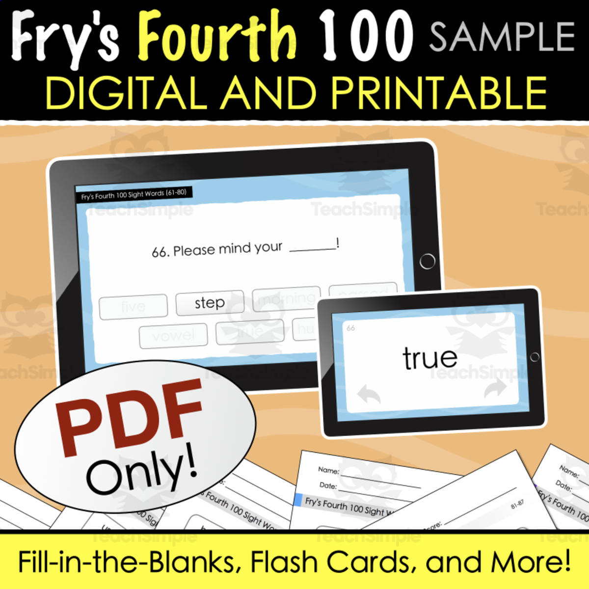 An educational teaching resource from Tom's Talk entitled SAMPLE Fry's Fourth 100 Sight Words - Digital and Printable Quiz downloadable at Teach Simple.