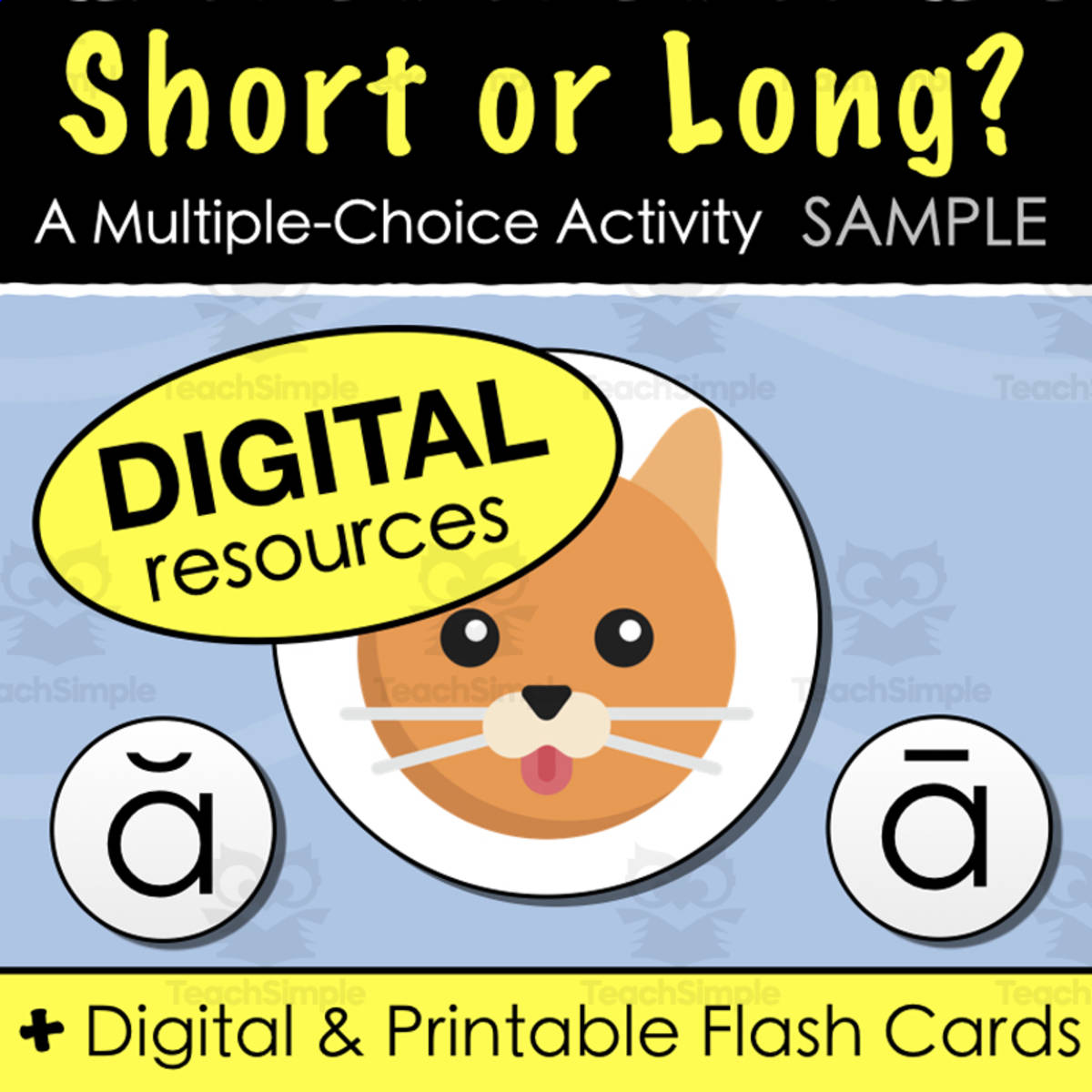 An educational teaching resource from Tom's Talk entitled SAMPLE Short or Long Vowel? Multiple Choice + Digital & Flashcards downloadable at Teach Simple.