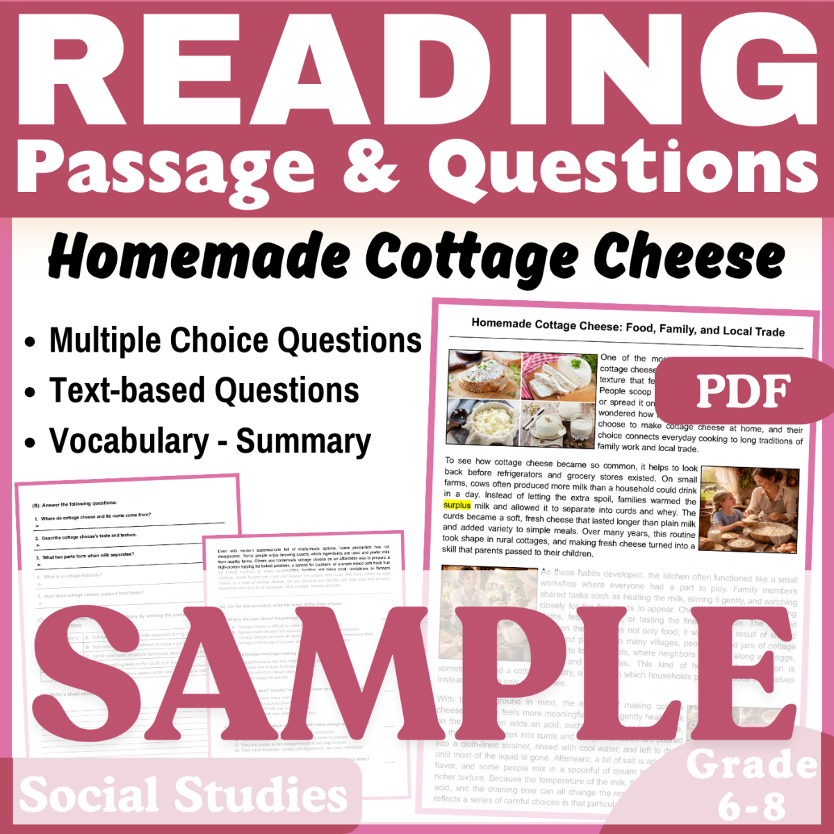 An educational teaching resource from CORED Education - Middle & High School entitled SAMPLE Social Studies Reading Comprehension Passage: Cottage Cheese downloadable at Teach Simple.