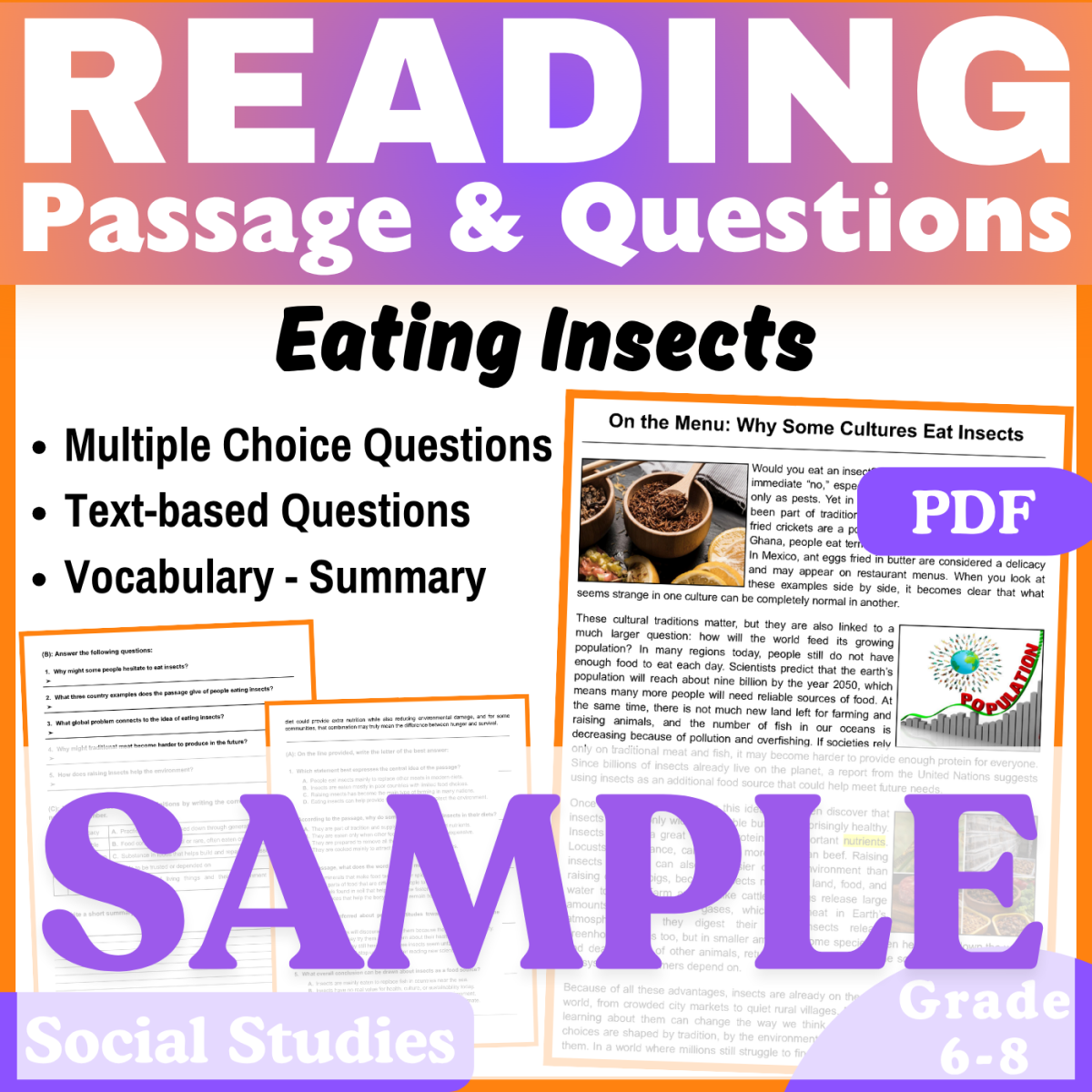 An educational teaching resource from CORED Education - Middle & High School entitled SAMPLE Social Studies Reading Comprehension Passage: Eating Insects downloadable at Teach Simple.