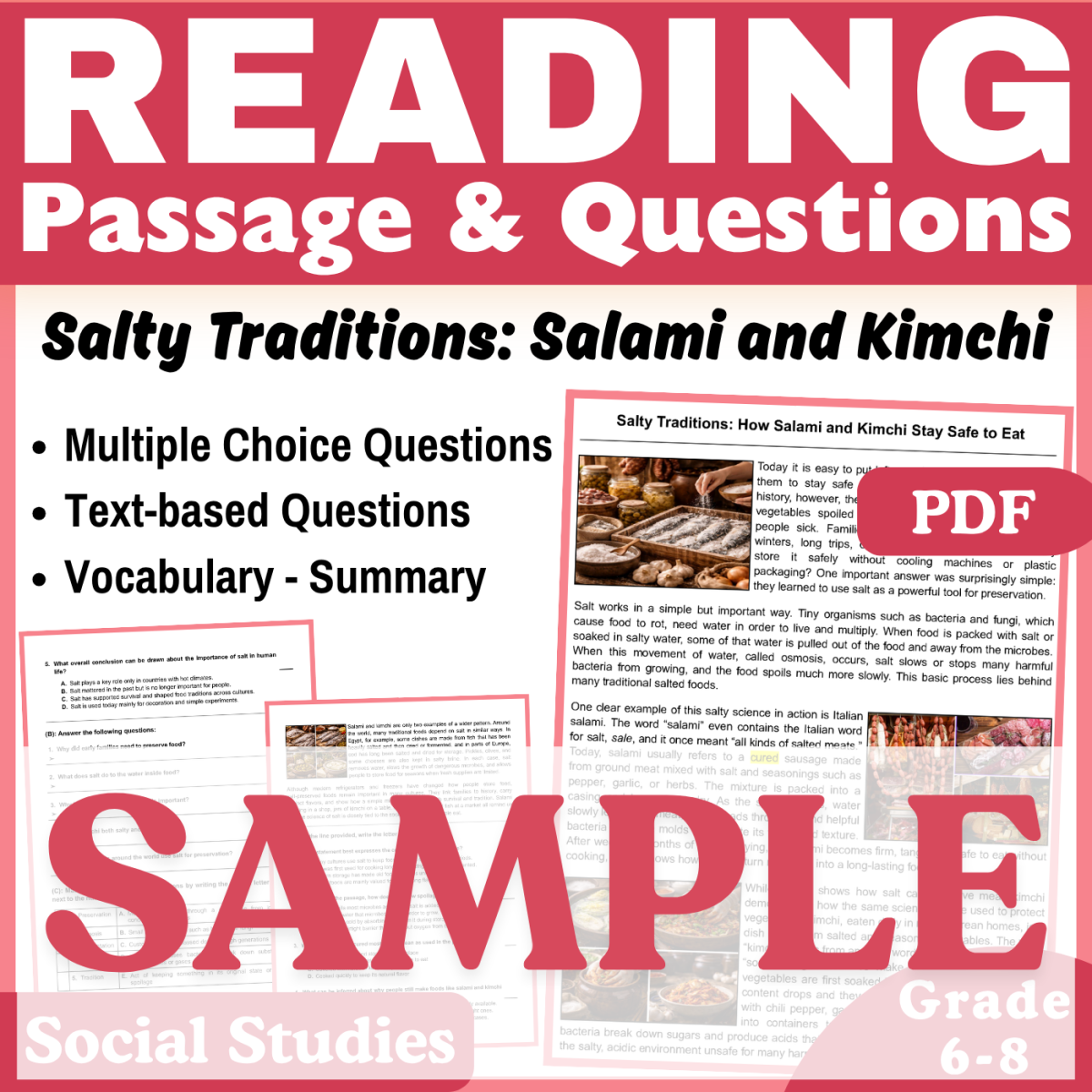 An educational teaching resource from CORED Education - Middle & High School entitled SAMPLE Social Studies Reading Comprehension Passage: Salami and Kimchi downloadable at Teach Simple.