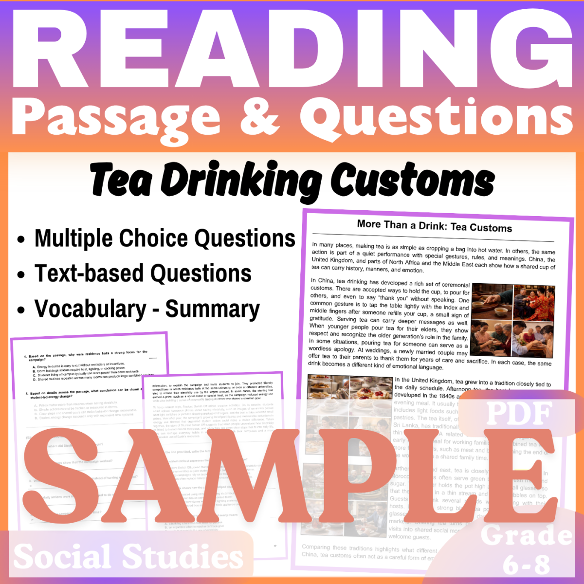 An educational teaching resource from CORED Education - Middle & High School entitled SAMPLE Social Studies Reading Comprehension Passage: Tea Customs downloadable at Teach Simple.