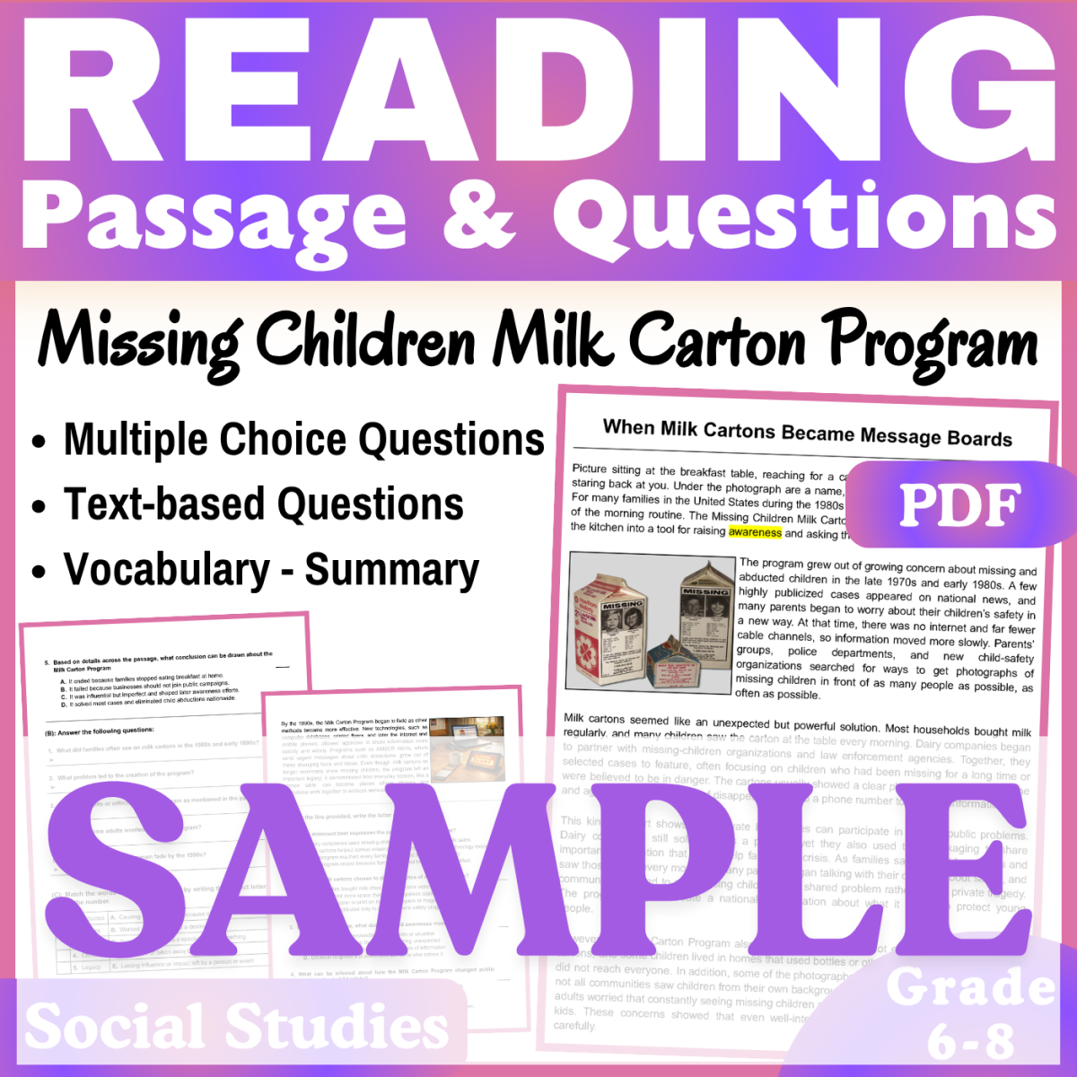 An educational teaching resource from CORED Education - Middle & High School entitled SAMPLE Social Studies Reading Passage: Milk Carton Program downloadable at Teach Simple.