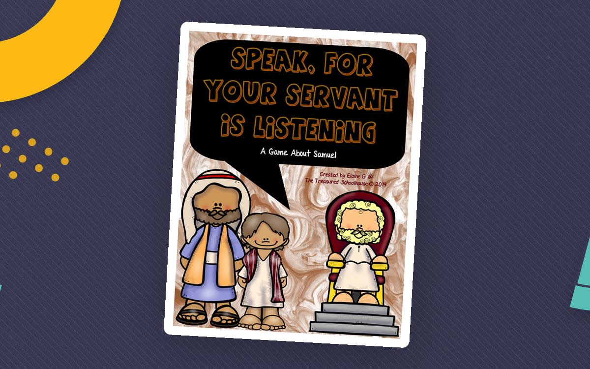 Speak, for Your Servant Is Listening game cover with illustrated Samuel, Eli, and God figures.