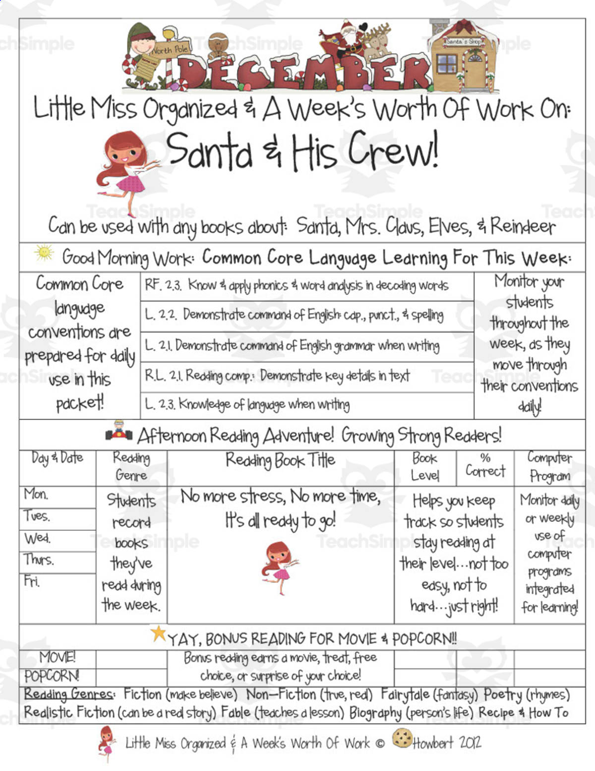 An educational teaching resource from Second Grade Smartypants entitled Santa and His Crew | Reading Activity Packet downloadable at Teach Simple.