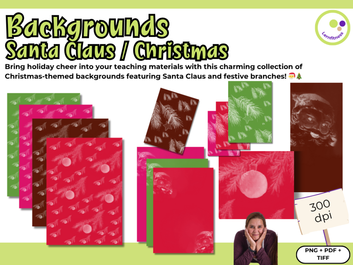 An educational teaching resource from Lernfitness entitled Santa Claus & Christmas-Themed Backgrounds β 12 Festive Digital Papers downloadable at Teach Simple.