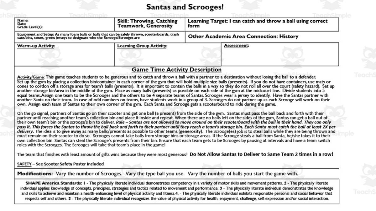 An educational teaching resource from Gems from the Gym entitled Santas and Scrooges PE Game downloadable at Teach Simple.