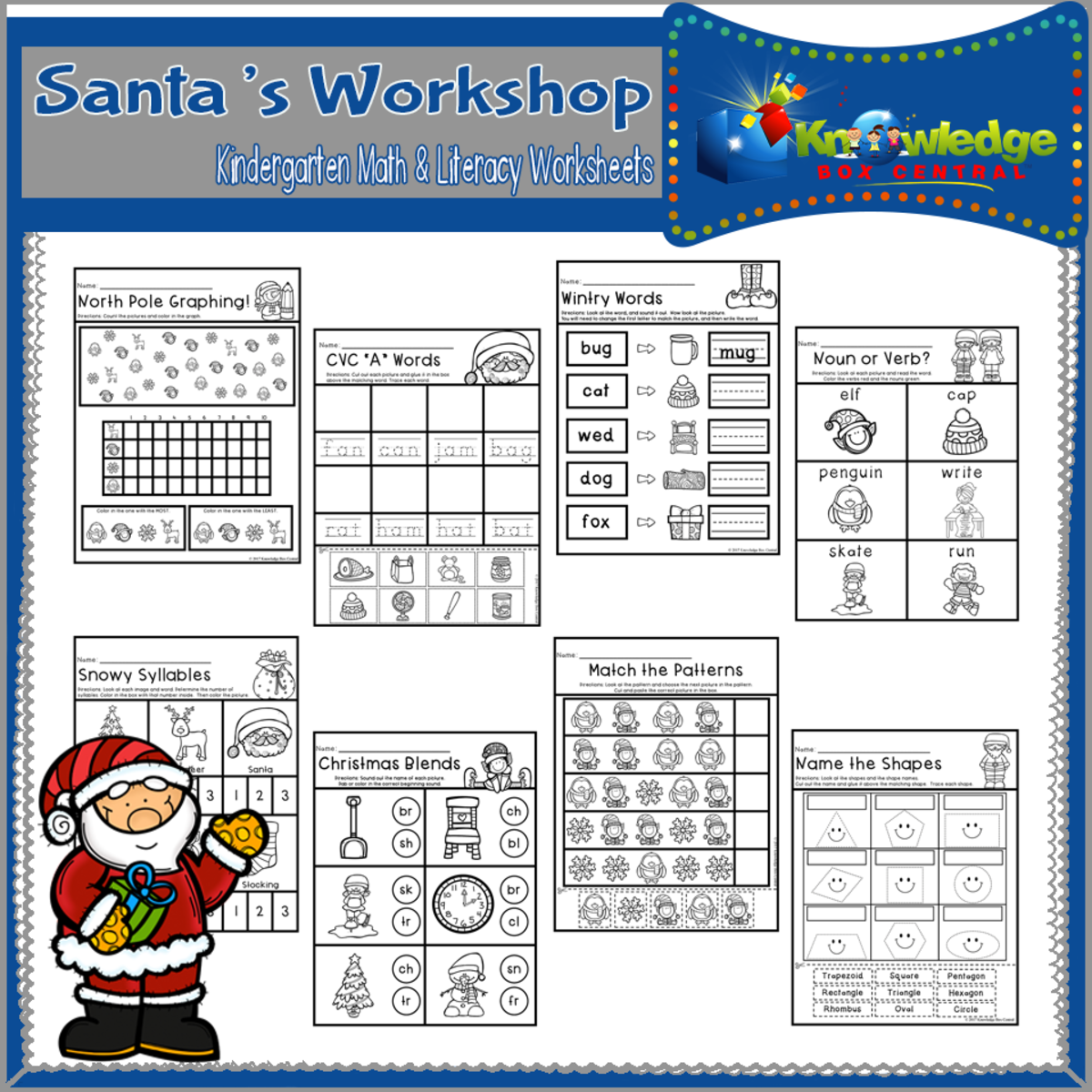 An educational teaching resource from Knowledge Box Central entitled Santa's Workshop Kindergarten Math & Literacy Worksheets - EBOOK downloadable at Teach Simple.