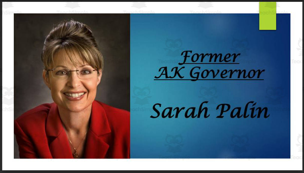 An educational teaching resource from Mr. Matthews Teacher Store entitled Sarah Palin (Former Alaska Governor) Biography PowerPoint downloadable at Teach Simple.