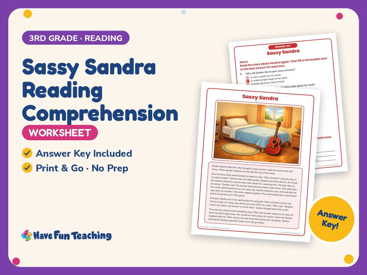 Sassy Sandra Reading Comprehension Worksheet – 3rd Grade Practice preview