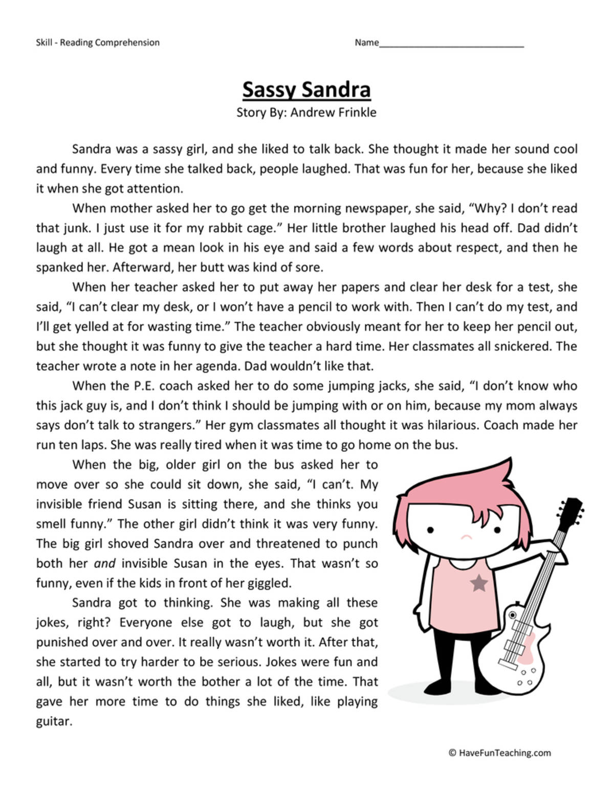 An educational teaching resource from Have Fun Teaching entitled Sassy Sandra Reading Comprehension Worksheet downloadable at Teach Simple.