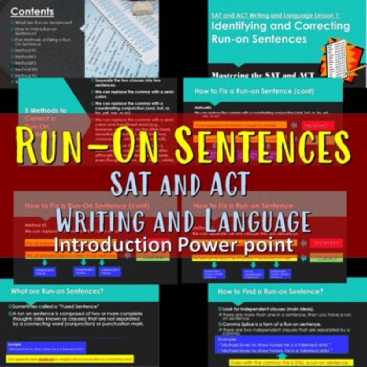 An educational teaching resource from Educate and Create entitled SAT Writing and Language: Run-On Sentences Power point downloadable at Teach Simple.