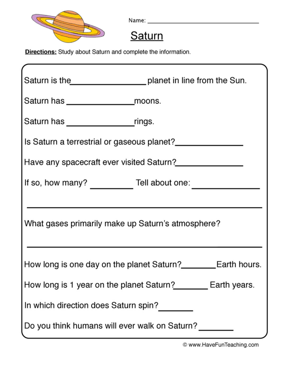An educational teaching resource from Have Fun Teaching entitled Saturn Planet Worksheet downloadable at Teach Simple.