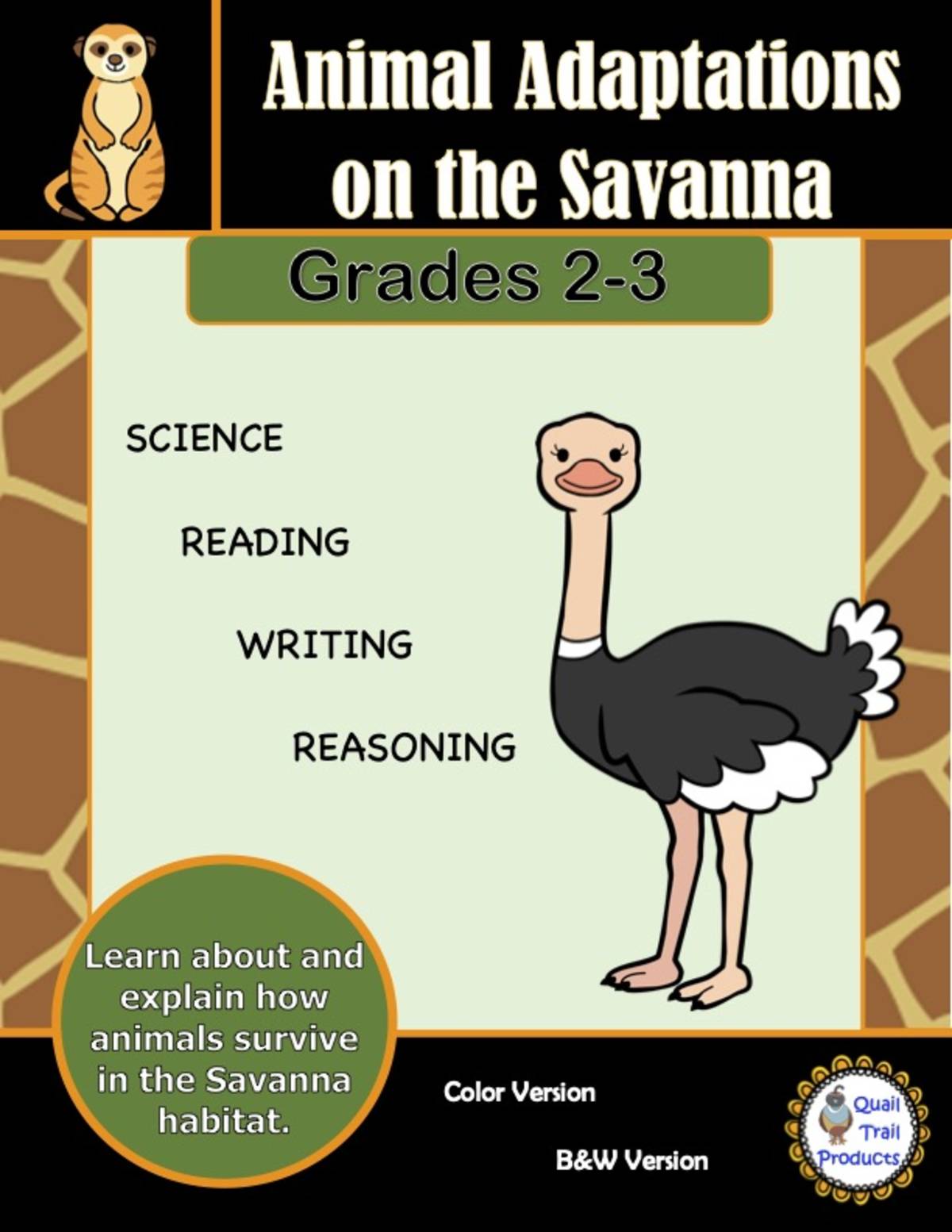 An educational teaching resource from Quail Trail Products entitled Savanna Animals Adaptations Worksheets downloadable at Teach Simple.