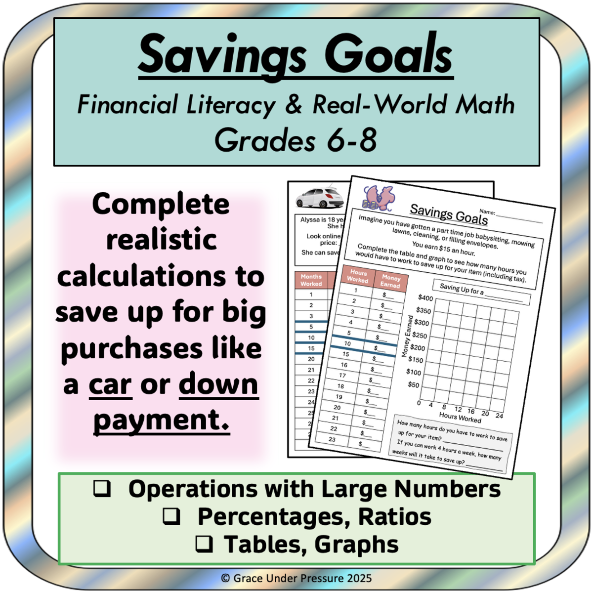 An educational teaching resource from Grace Under Pressure entitled Savings Goals: Middle School Financial Literacy, Graphing, Patterns downloadable at Teach Simple.