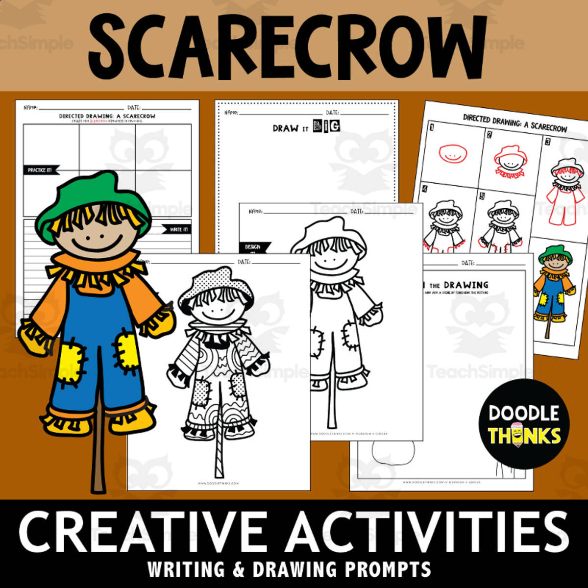 An educational teaching resource from Doodle Thinks entitled Scarecrow Draw and Color Creative Activities downloadable at Teach Simple.