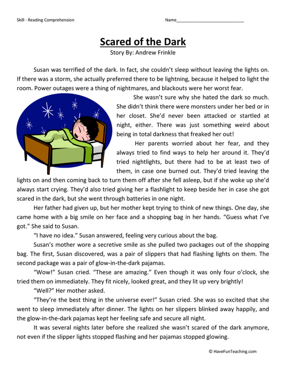 An educational teaching resource from Have Fun Teaching entitled Scared of the Dark Reading Comprehension Worksheet downloadable at Teach Simple.
