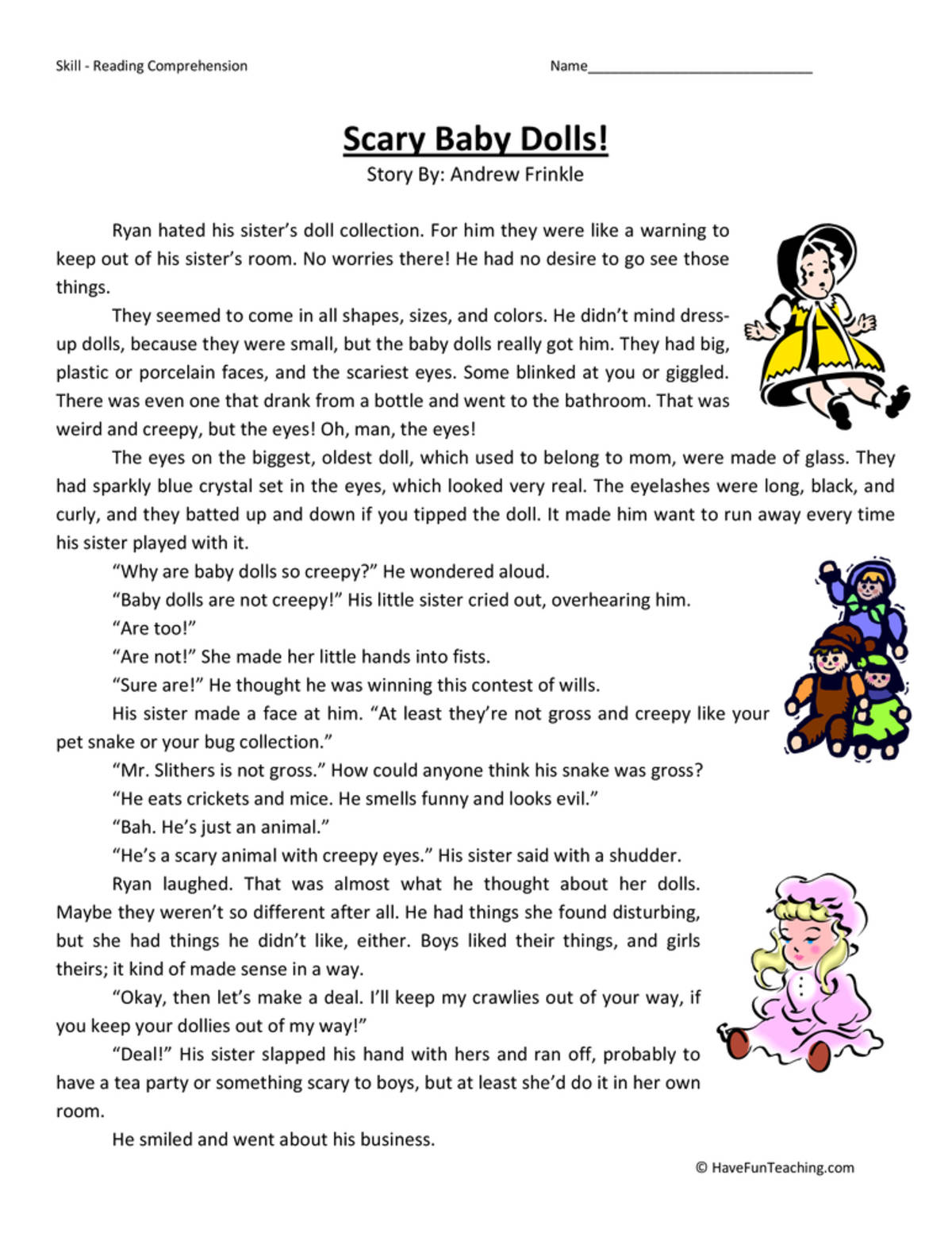 An educational teaching resource from Have Fun Teaching entitled Scary Baby Dolls Reading Comprehension Worksheet downloadable at Teach Simple.