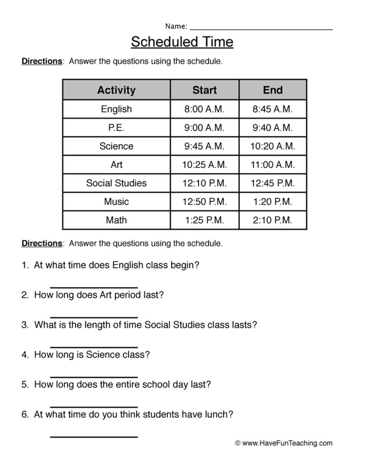 An educational teaching resource from Have Fun Teaching entitled Scheduled Time Worksheet downloadable at Teach Simple.