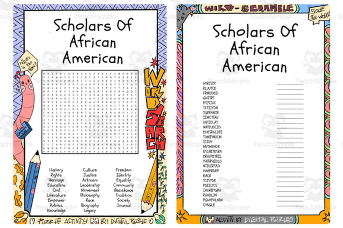 An educational teaching resource from Lapiiin Art Activities entitled Scholars Of African American word search & scramble downloadable at Teach Simple.