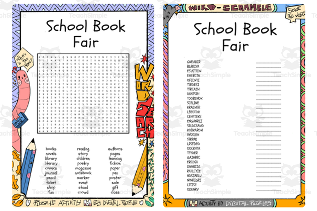 An educational teaching resource from Lapiiin Art Activities entitled School Book Fair word search & scramble downloadable at Teach Simple.