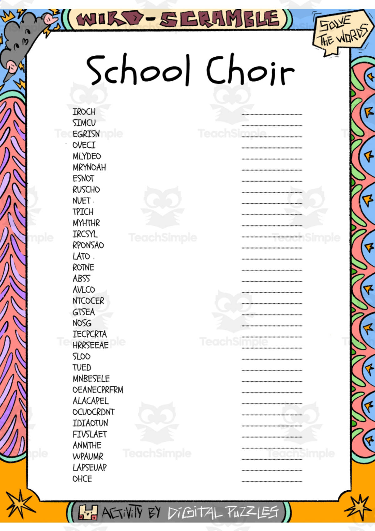 An educational teaching resource from Lapiiin Art Activities entitled School Choir word Scramble puzzle worksheet downloadable at Teach Simple.