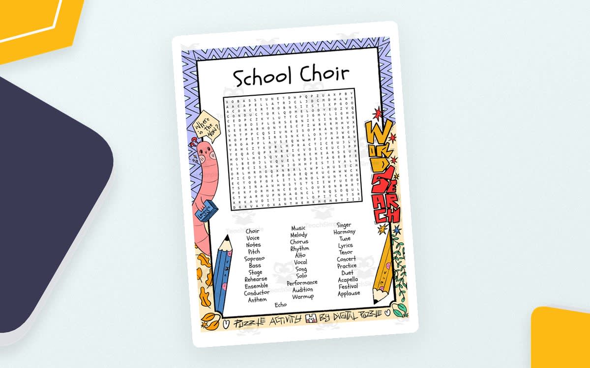 An educational teaching resource from Lapiiin Art Activities entitled School Choir word search puzzle worksheet activity downloadable at Teach Simple.