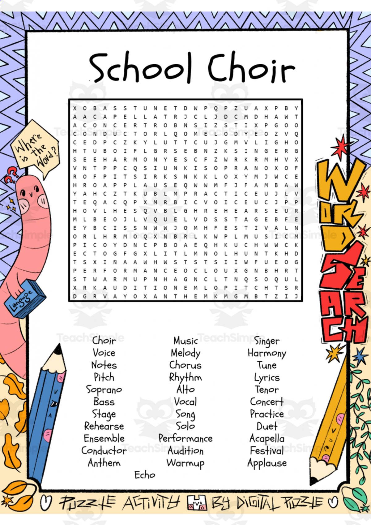 An educational teaching resource from Lapiiin Art Activities entitled School Choir word search puzzle worksheet activity downloadable at Teach Simple.