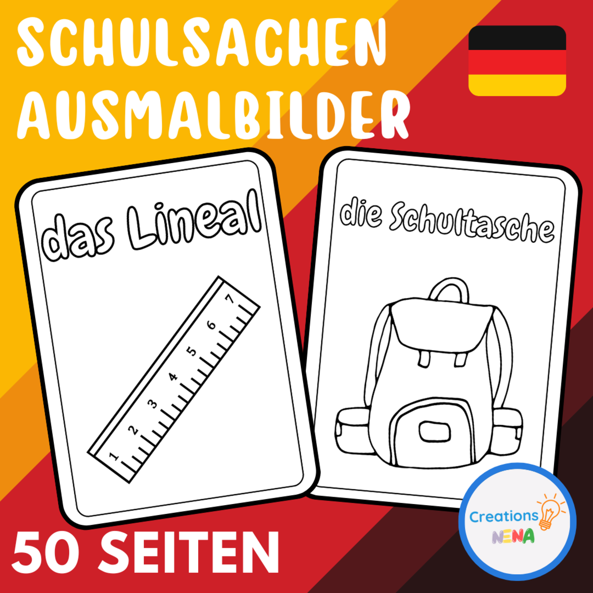 An educational teaching resource from Nena Creations entitled School Coloring Pages in German downloadable at Teach Simple.