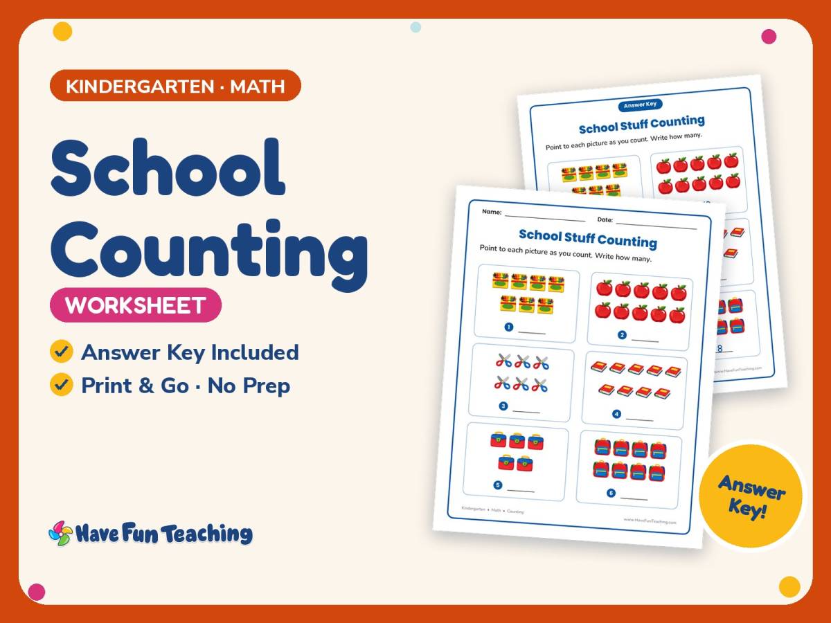 School Counting Worksheet – Kindergarten Math Practice + Answer Key preview