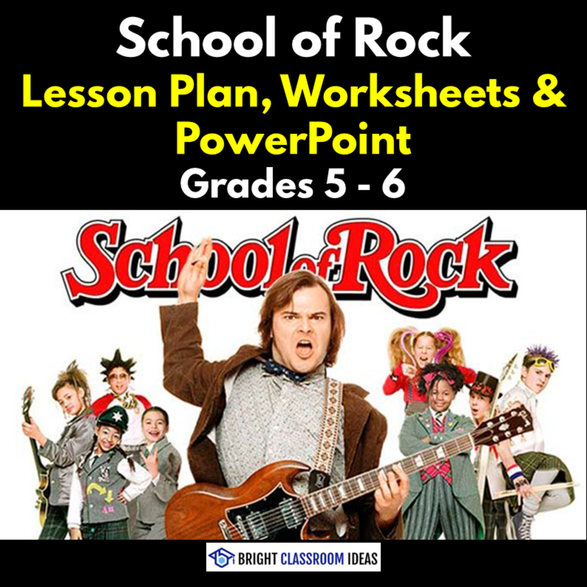 An educational teaching resource from Bright Classroom Ideas Marketplace entitled School of Rock Lesson Plan, Worksheets & PowerPoint | Grades 5 - 6 downloadable at Teach Simple.