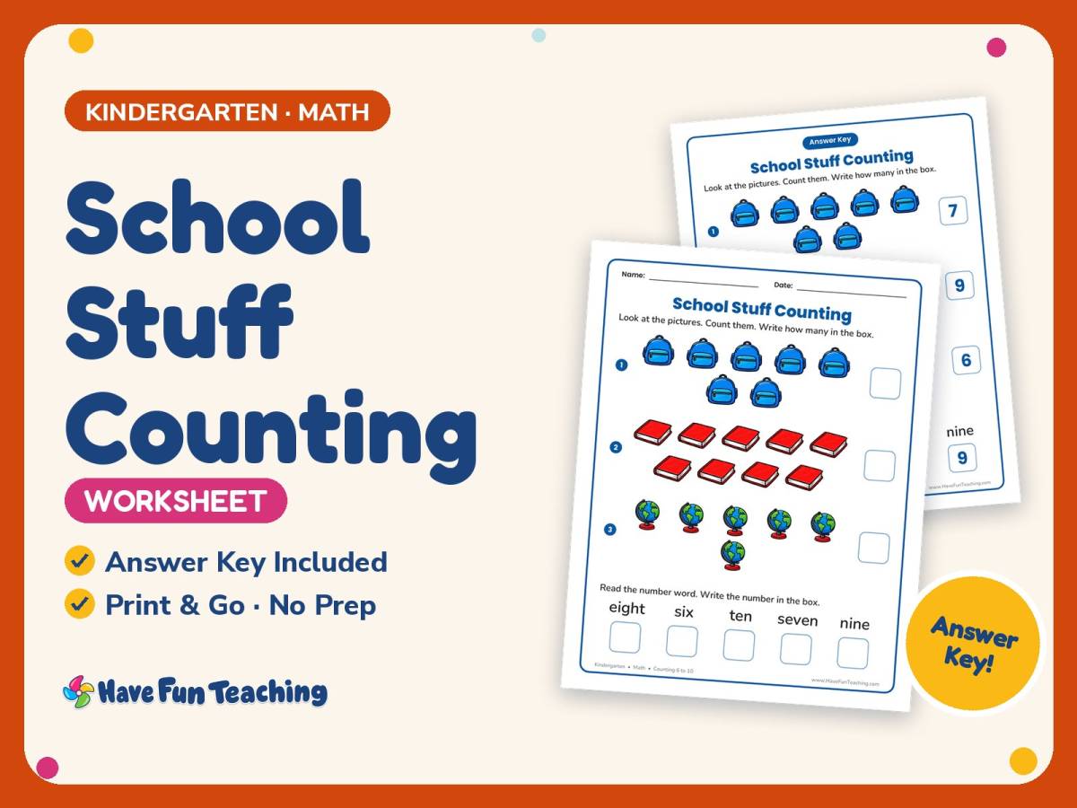 School Stuff Counting Worksheet – Kindergarten Math Practice preview