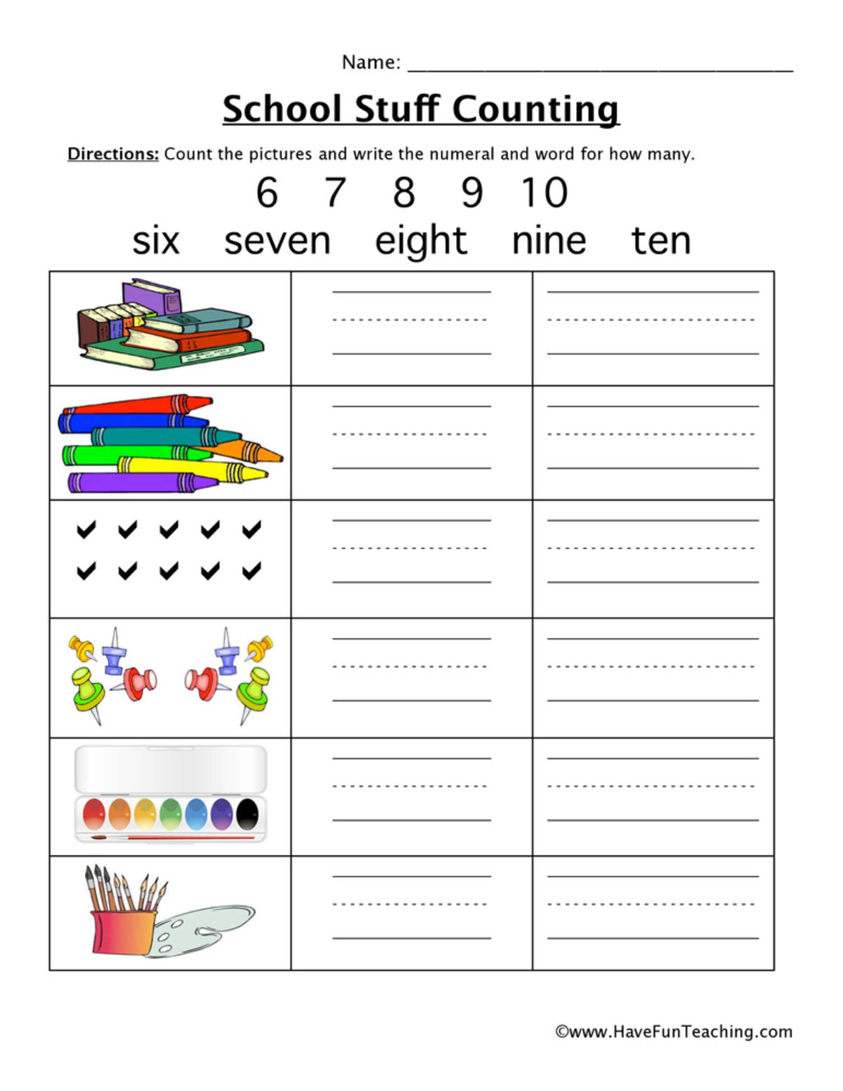 An educational teaching resource from Have Fun Teaching entitled School Stuff Counting Worksheet downloadable at Teach Simple.