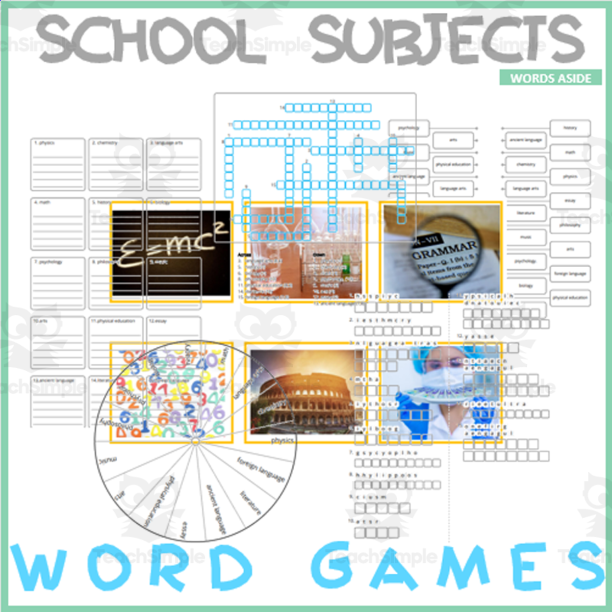 An educational teaching resource from WORDS ASIDE entitled SCHOOL SUBJECT: Word Games with Puzzles | Crossword Wordsearch Anagram downloadable at Teach Simple.