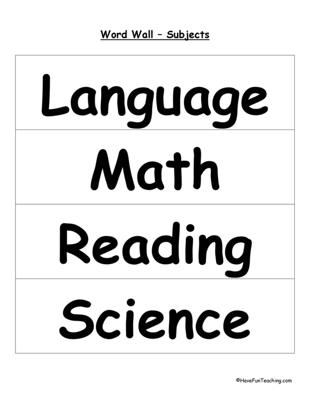 An educational teaching resource from Have Fun Teaching entitled School Subjects Word Wall downloadable at Teach Simple.