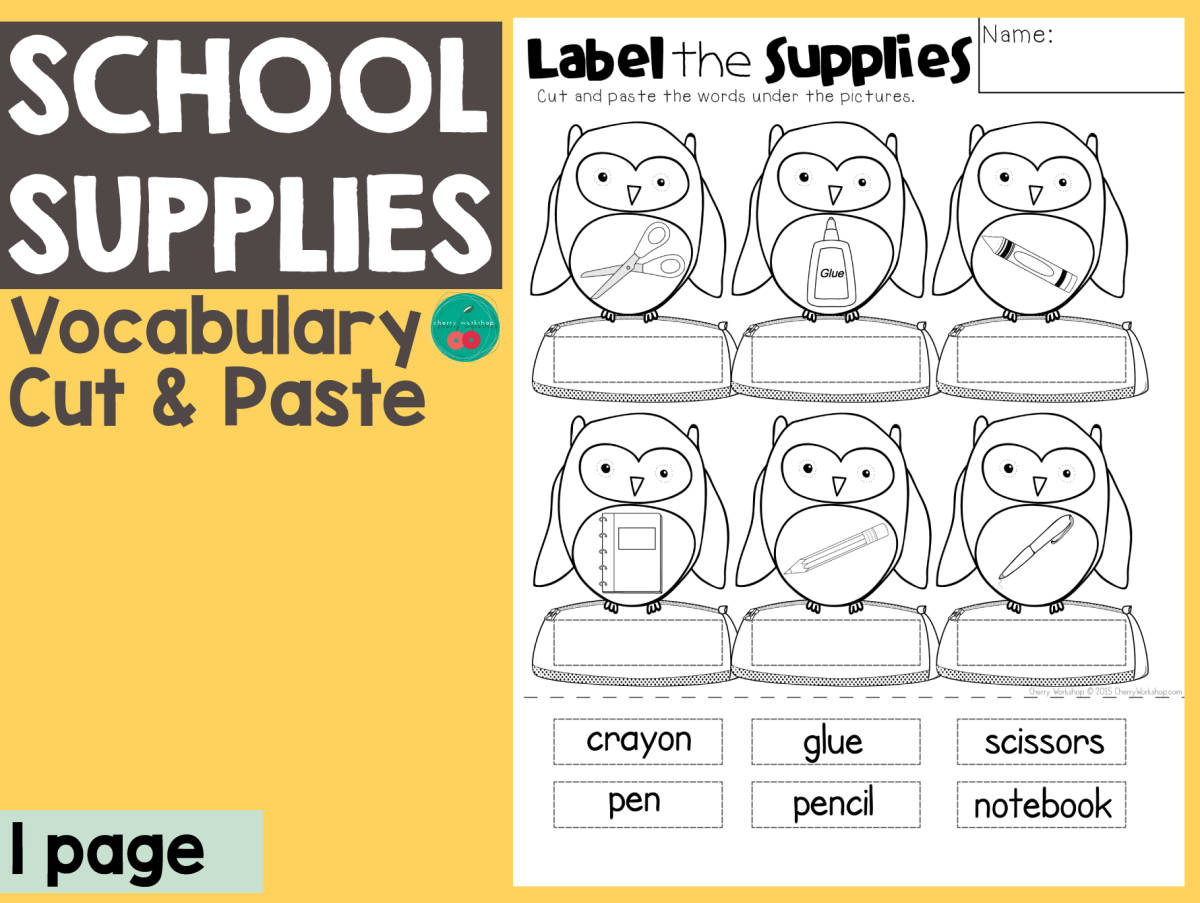 An educational teaching resource from Cherry Workshop entitled School Supples Vocabulary - Label the Supplies downloadable at Teach Simple.