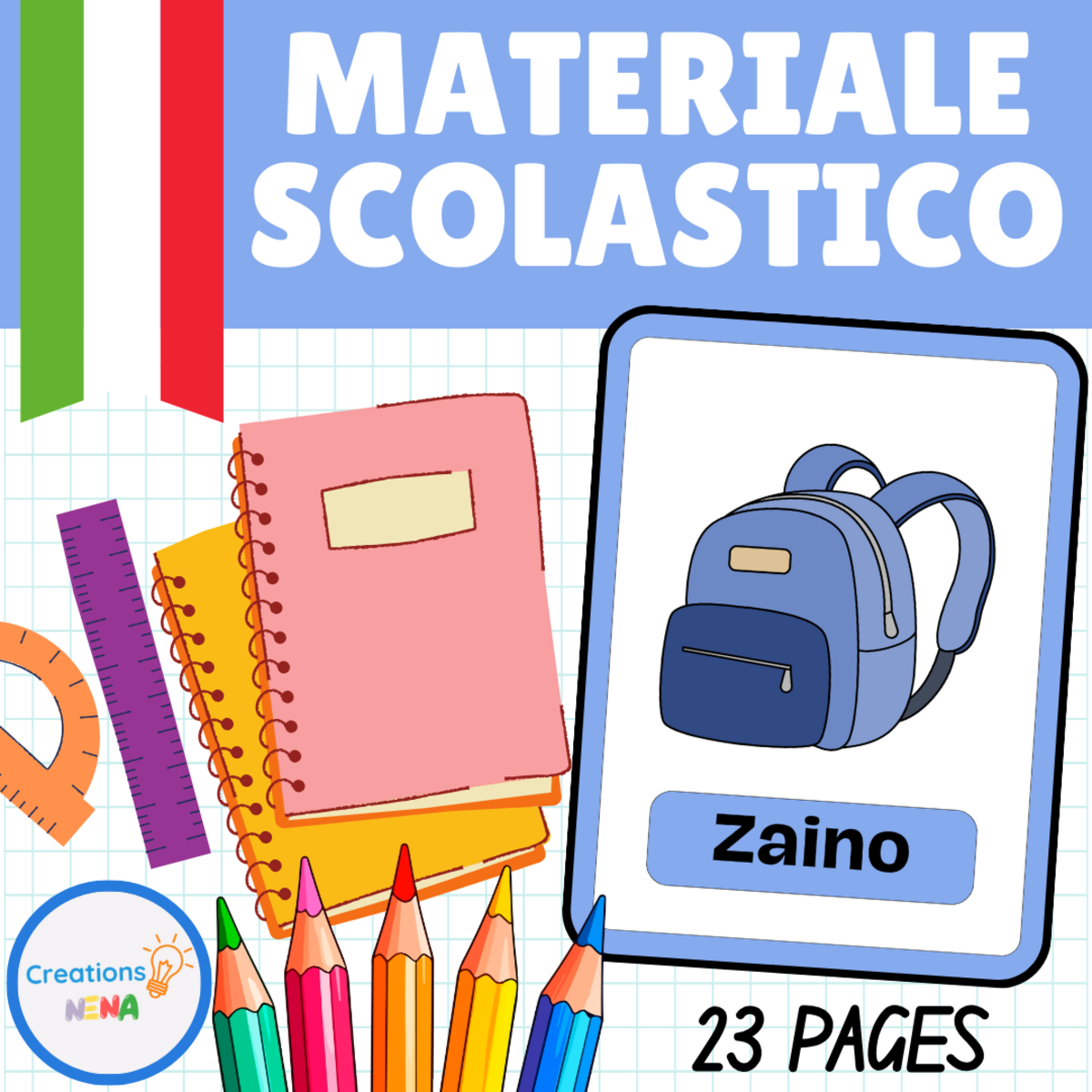 An educational teaching resource from Nena Creations entitled School Supplies in Italian. downloadable at Teach Simple.