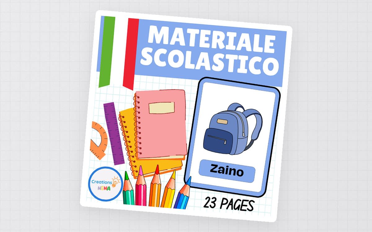 An educational teaching resource from Nena Creations entitled School Supplies in Italian. downloadable at Teach Simple.