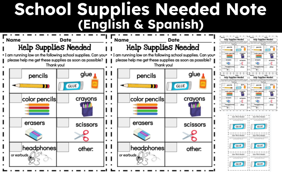 An educational teaching resource from CraftEdPrints entitled School Supplies Note | English + Spanish downloadable at Teach Simple.