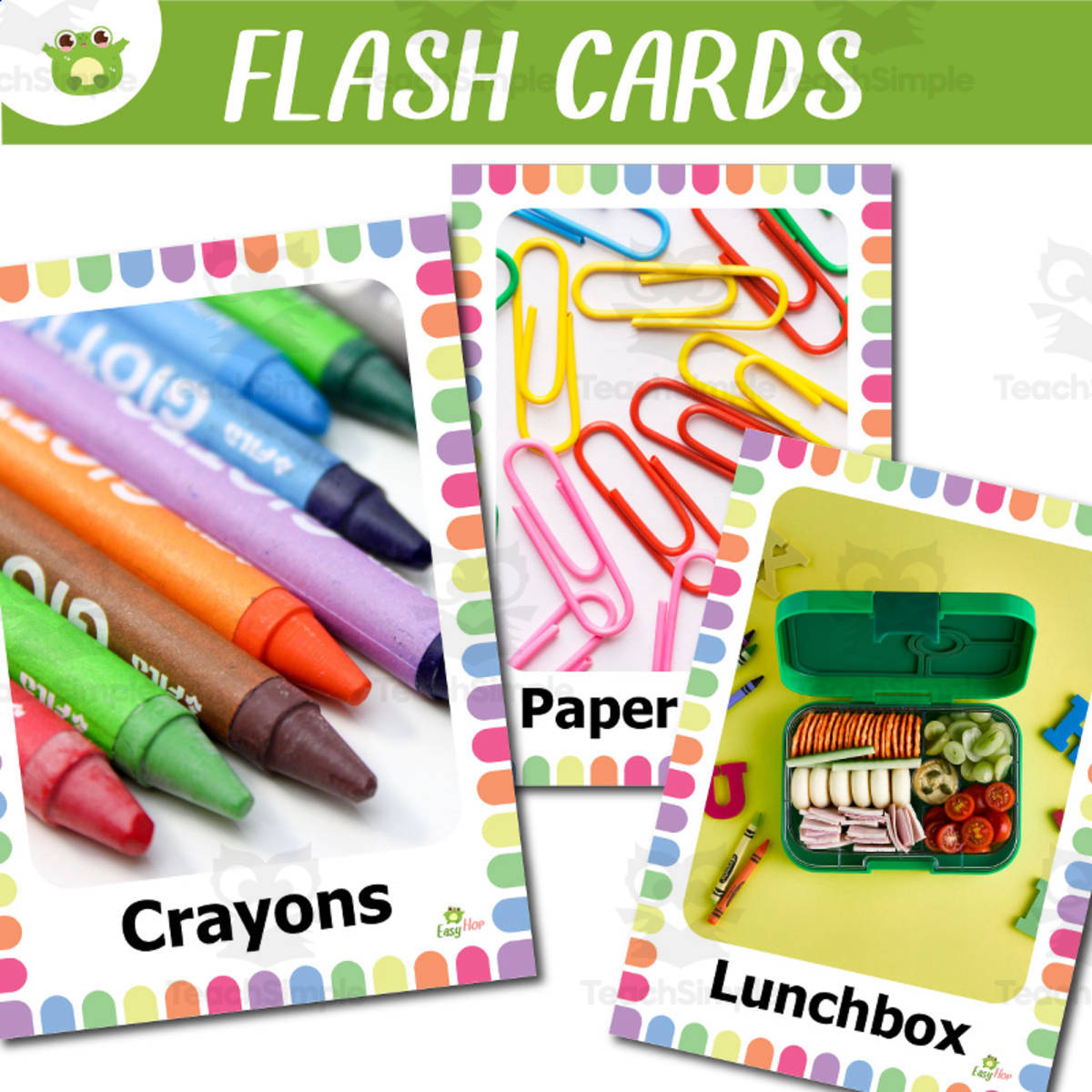 An educational teaching resource from EasyHop entitled School Supplies Vocabulary Flashcards with Real Photos for Preschool a downloadable at Teach Simple.