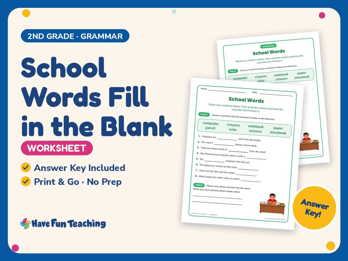 School Words Fill in the Blank Worksheet – 2nd Grade Back to School preview
