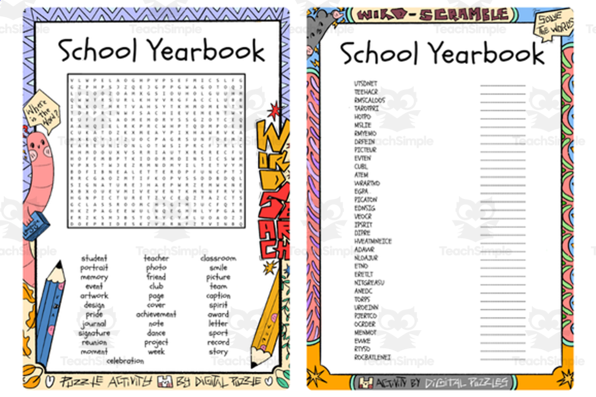 An educational teaching resource from Lapiiin Art Activities entitled School Yearbook word search & scramble downloadable at Teach Simple.