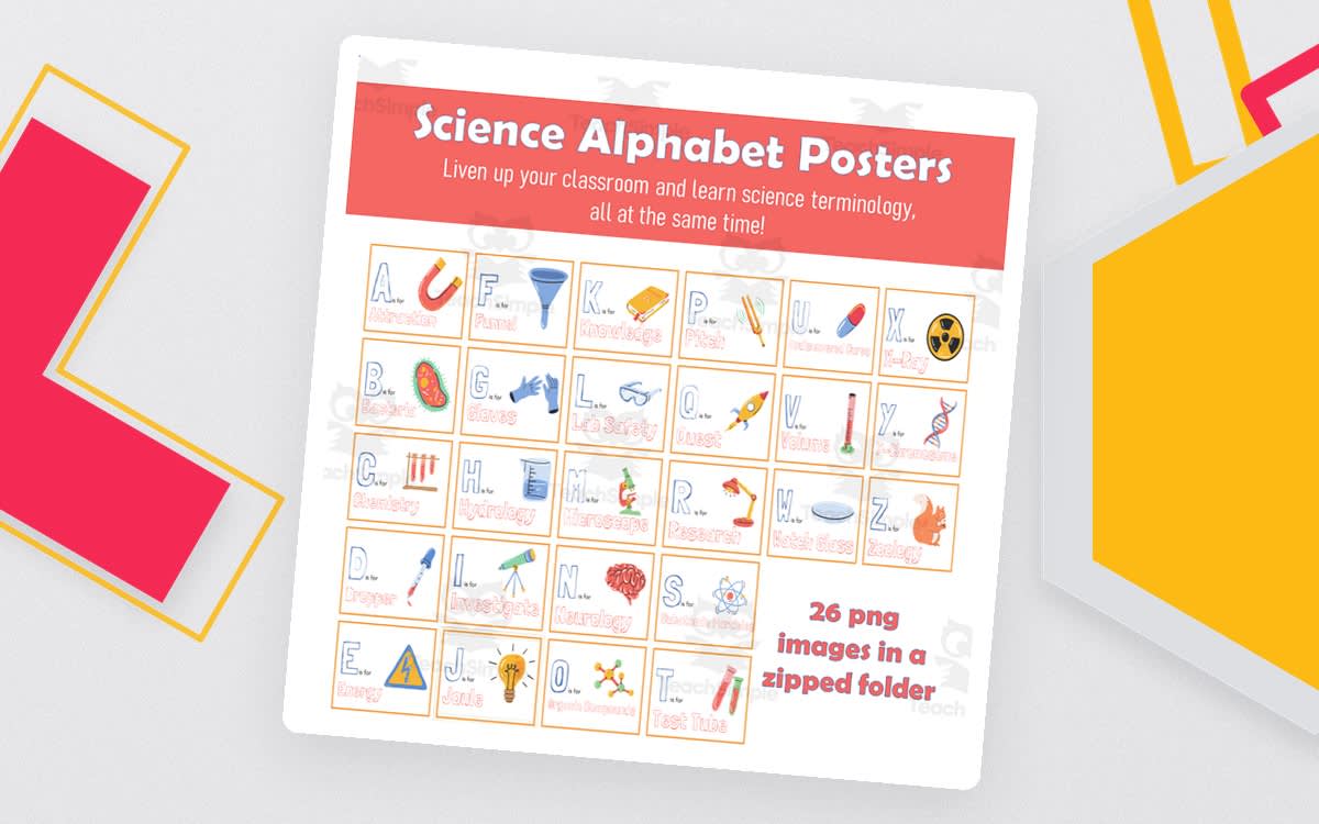 An educational teaching resource from Maude in the Middle entitled Science Alphabet Posters – Classroom Decor Set downloadable at Teach Simple.