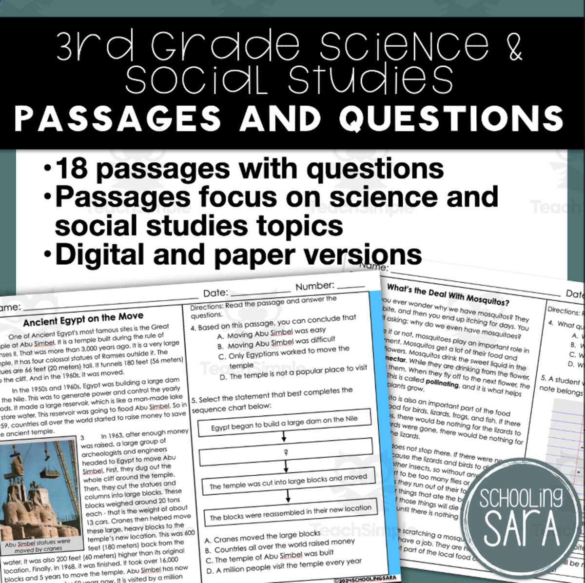 An educational teaching resource from SchoolingSara entitled Science and Social Studies Reading Comprehension Passages & Questions downloadable at Teach Simple.