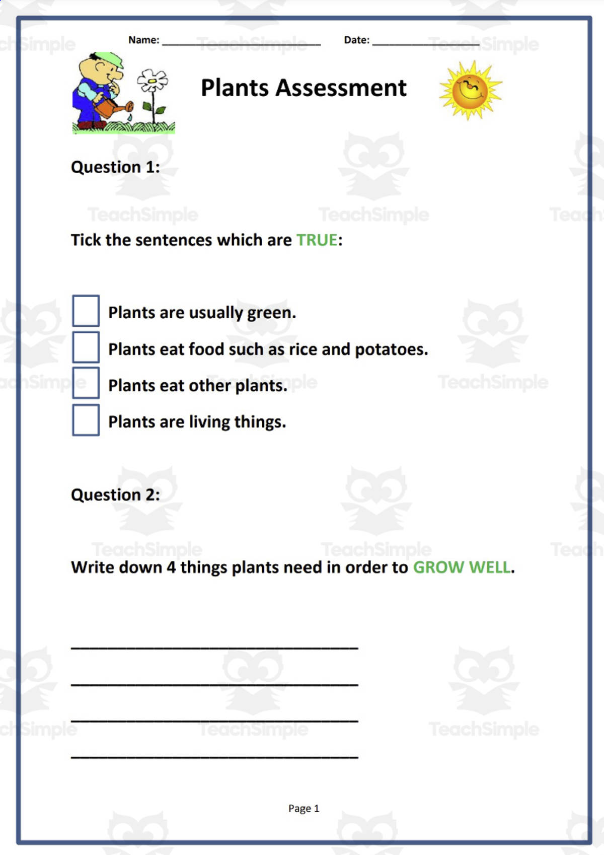 An educational teaching resource from Elementary Resources 4 U entitled Science Assessment: Plants downloadable at Teach Simple.