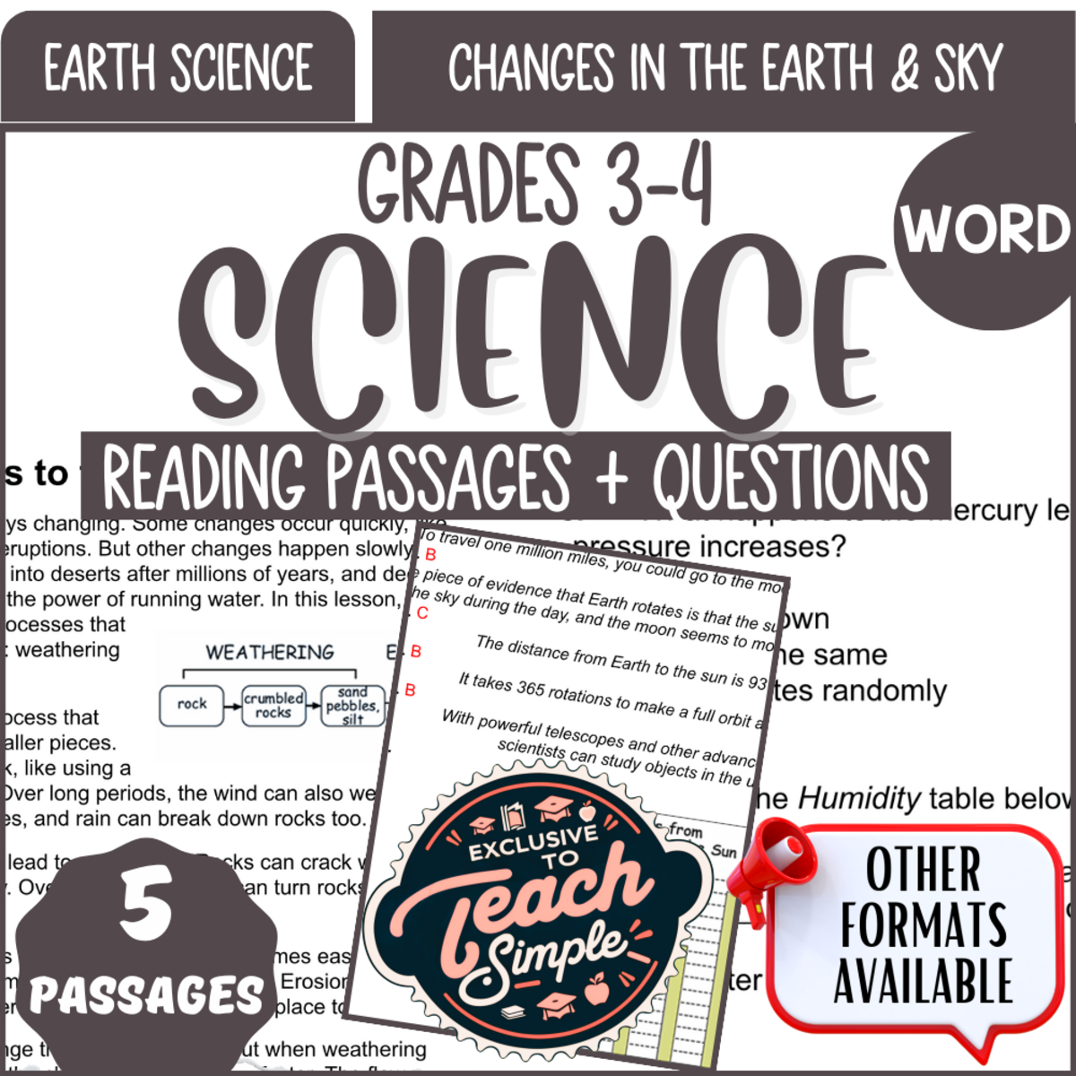 An educational teaching resource from Cored Education entitled Science Comprehension on Changes in the Earth and Sky (Word) downloadable at Teach Simple.